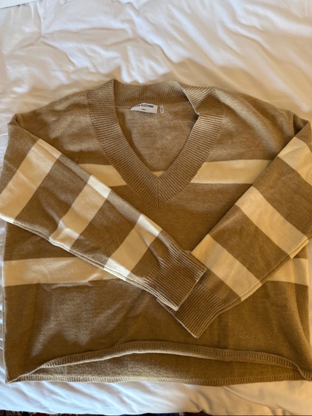V-Neck Striped Women’s Sweater in Tan and Cream